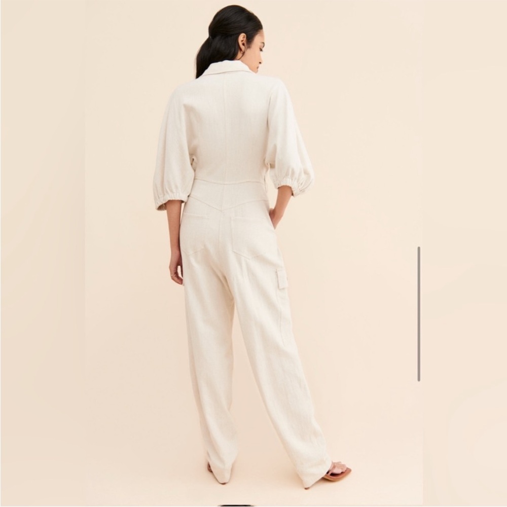 Divine Heritage Princess Cotton Linen Cargo Puff Sleeve Jumpsuit‎ Tan Size Small - Picture 4 of 11